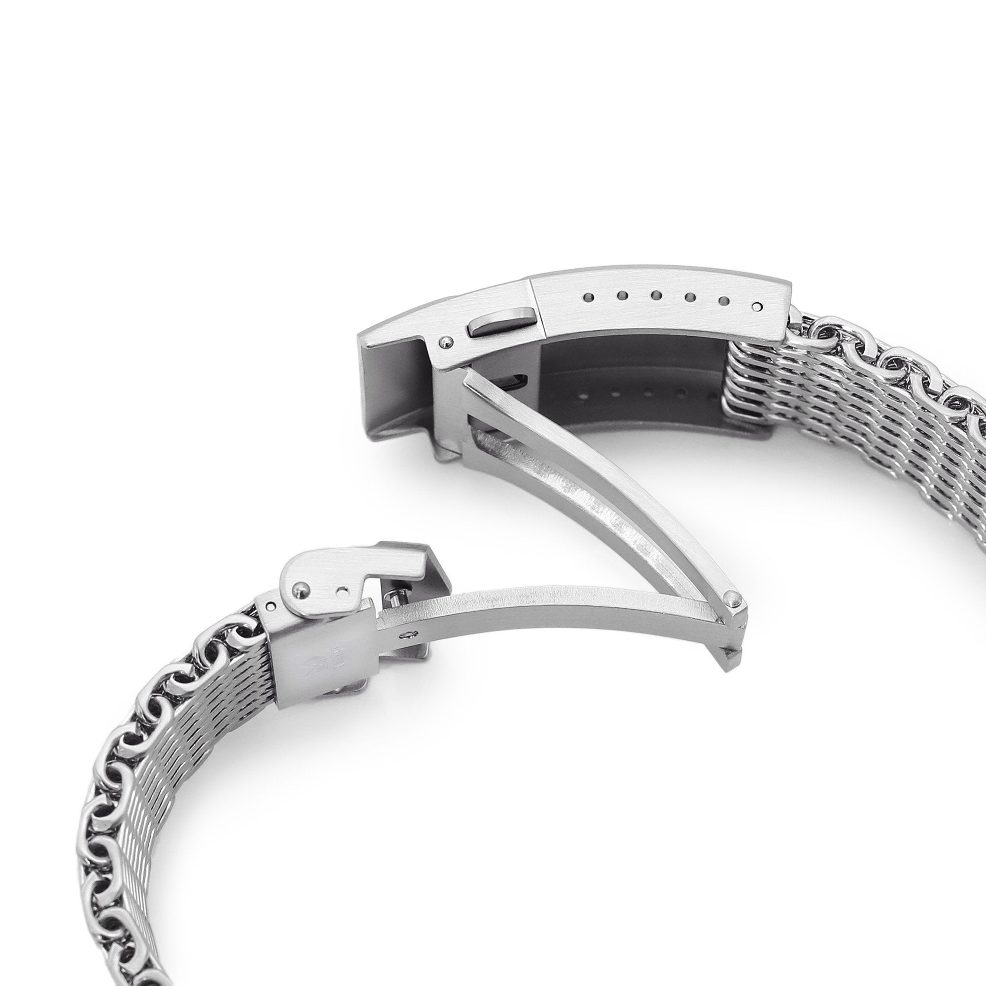 20mm Tapered "SHARK" Mesh Band Stainless Steel Watch Bracelet, V-Clasp, Brushed