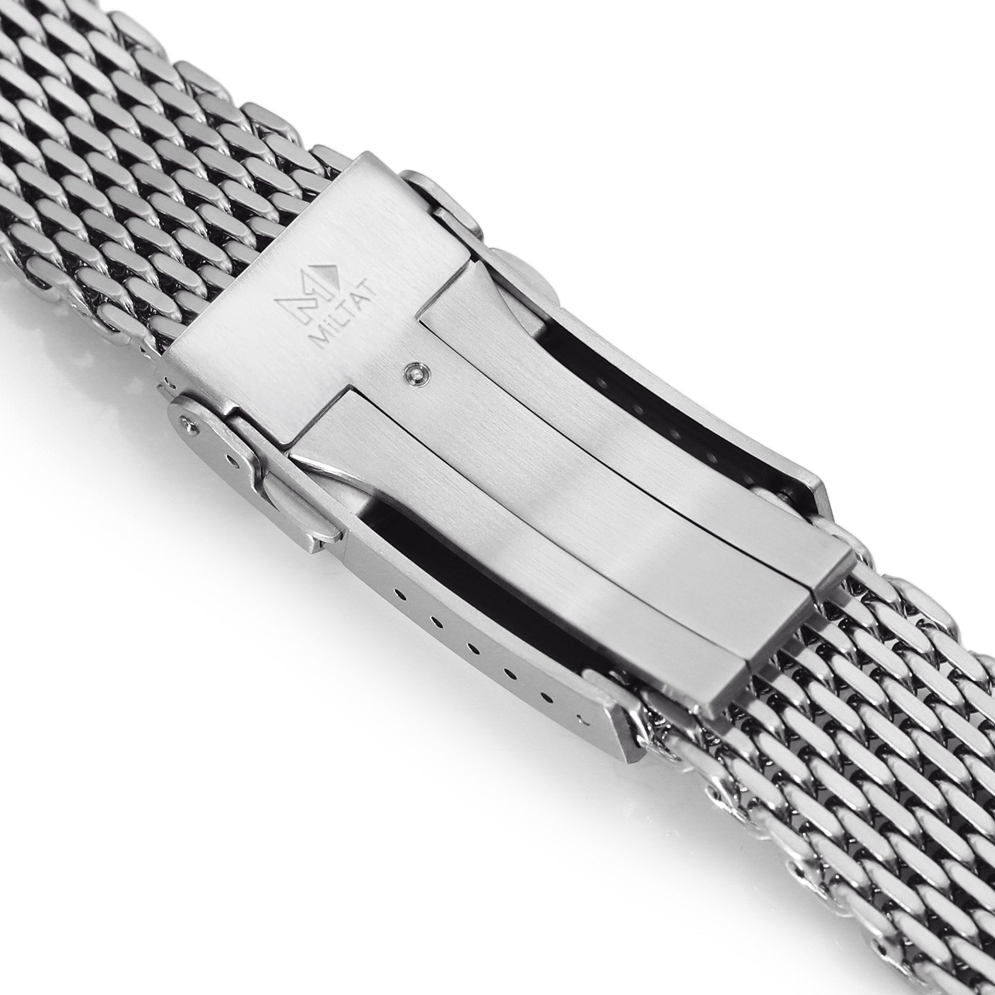 20mm Tapered "SHARK" Mesh Band Stainless Steel Watch Bracelet, V-Clasp, Brushed
