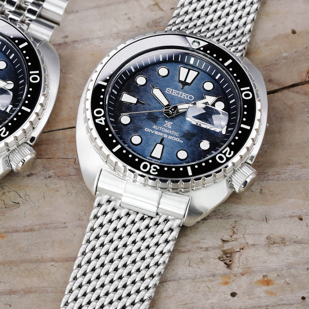 سوار ساعة ماسّي شبكي بنهاية منحنية متوافق مع سيكو تيرتلز SRP777 الجديدة، إبزيم V، تشطيب مصقول