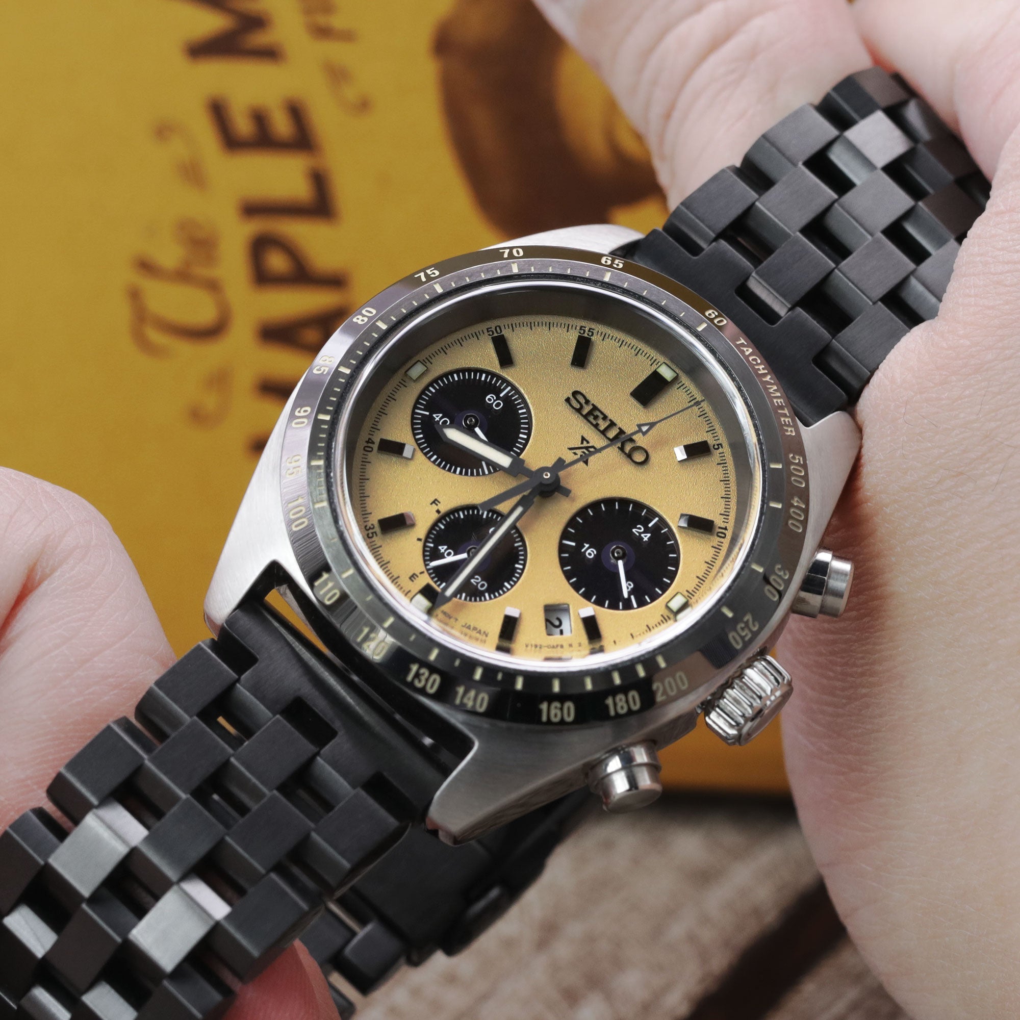 Seiko Speedtimer Panda chronograph SSC817 Gold Dial Seitona Strapcode Watch Bands