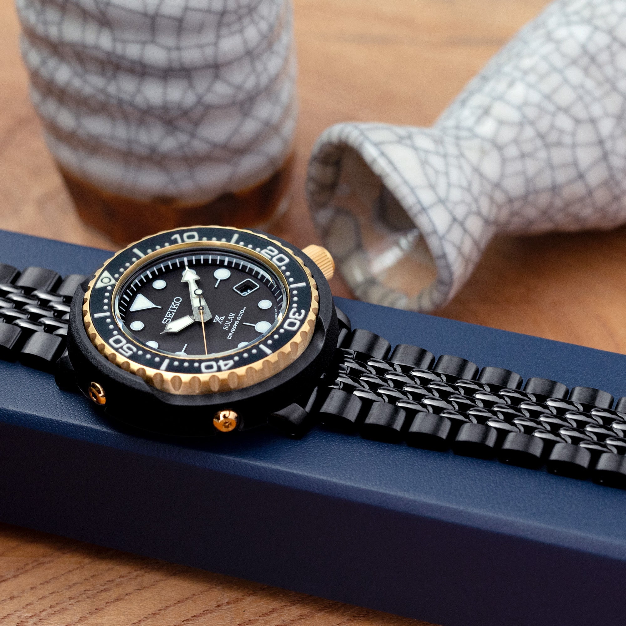 Seiko Prospex 200M Solar Divers Tuna Black Gold SNE498P1 Strapcode Watch Bands