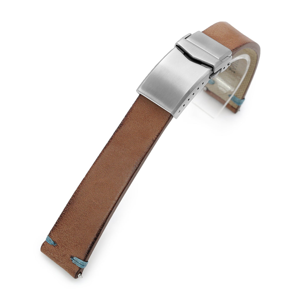 Q.R. 20mm Italian Handmade Brown Horse Leather Watch Band, One-piece V-clasp, Blue St. Strapcode Watch Bands