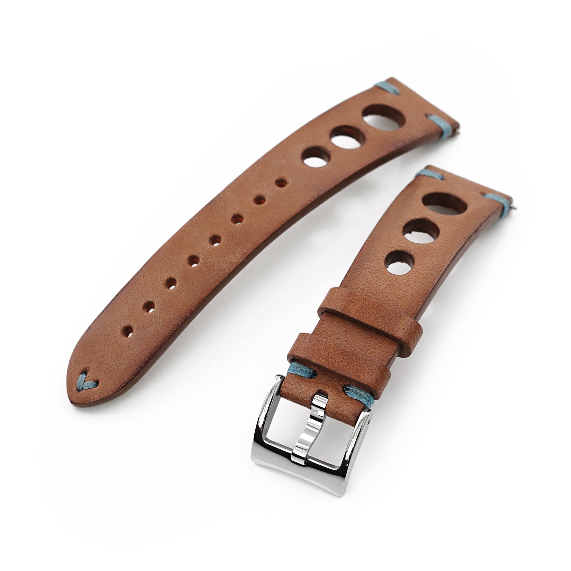 Q.R. 22mm Brown Leather Italian Handmade Racer Watch Band, Blue St. Strapcode Watch Bands