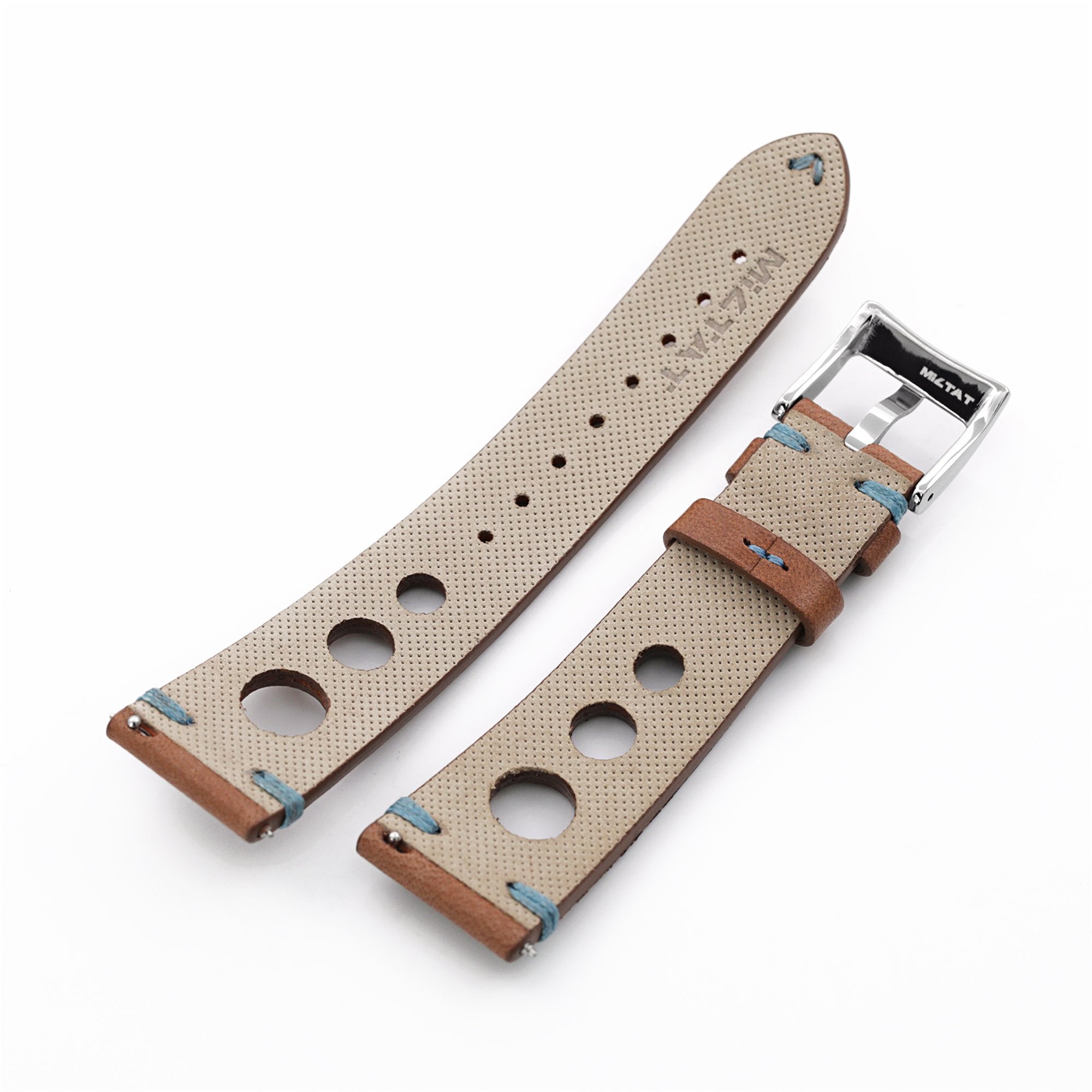Q.R. 22mm Brown Leather Italian Handmade Racer Watch Band, Blue St. Strapcode Watch Bands