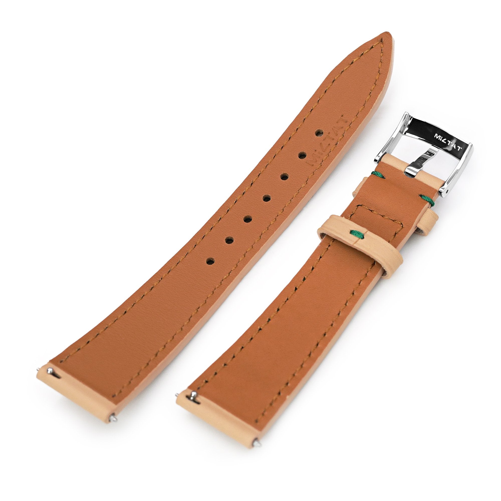 Q.R. 20mm Beige Tapered Leather Watch Band, Forest Green Stitching + Zermatt Strapcode Watch Bands
