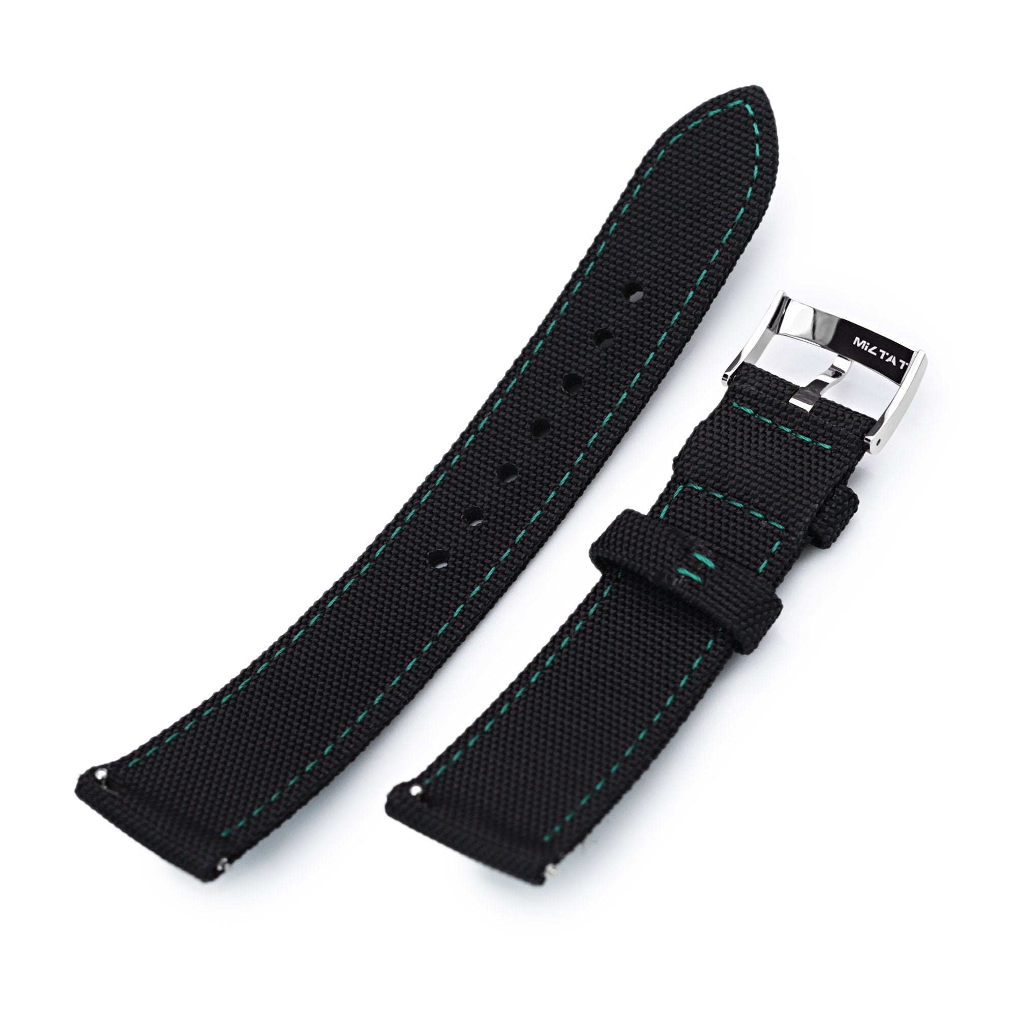 20mm Sailcloth Strap Black Quick Release Nylon Watch Band, Green Stitching Strapcode Watch Bands