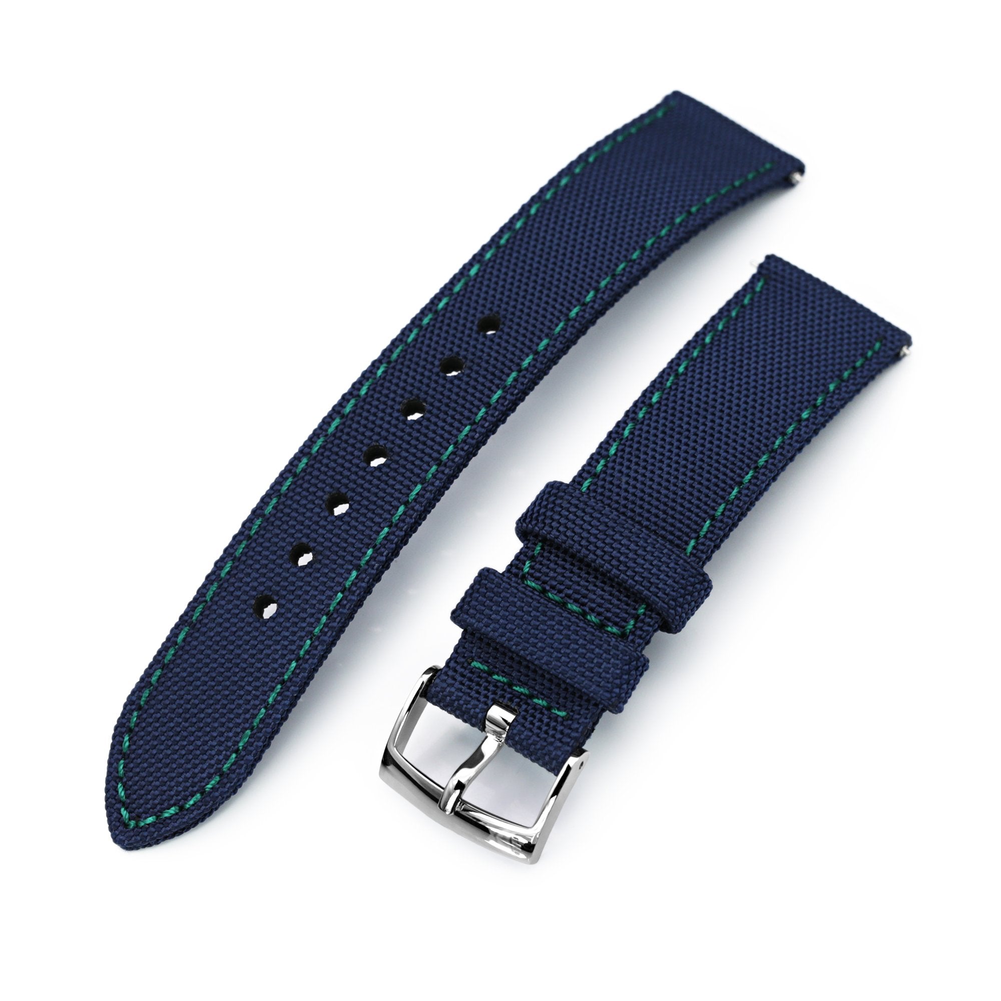 20mm Sailcloth Strap Navy Blue Quick Release Nylon Watch Band, Green Stitching Strapcode Watch Bands