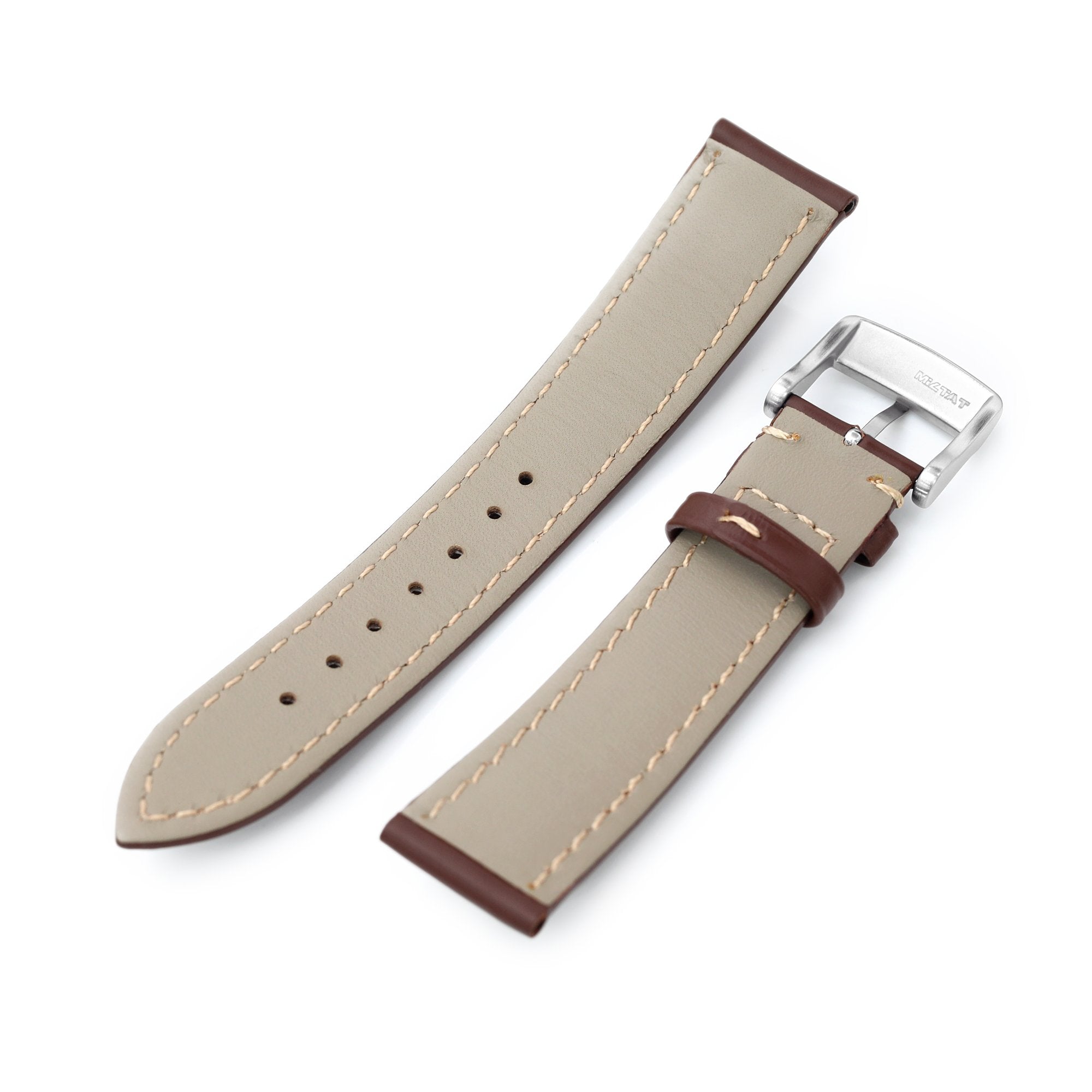 20mm Pecan Brown Tapered Smooth Leather Watch Band, Brushed Buckle Strapcode Watch Bands