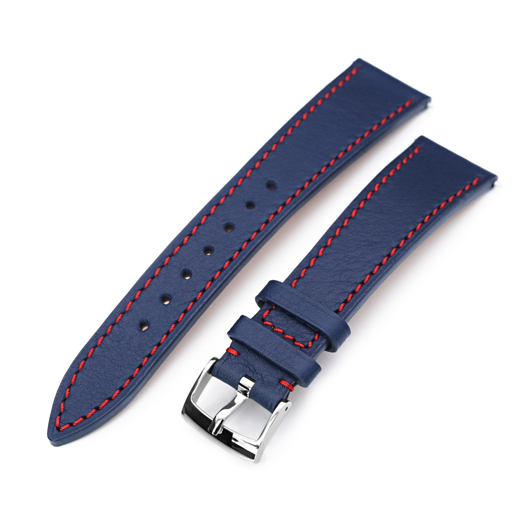 Q.R. 19mm, 20mm or 22mm Blue Tapered Leather Watch Band, Red Stitching + Zermatt Strapcode Watch Bands