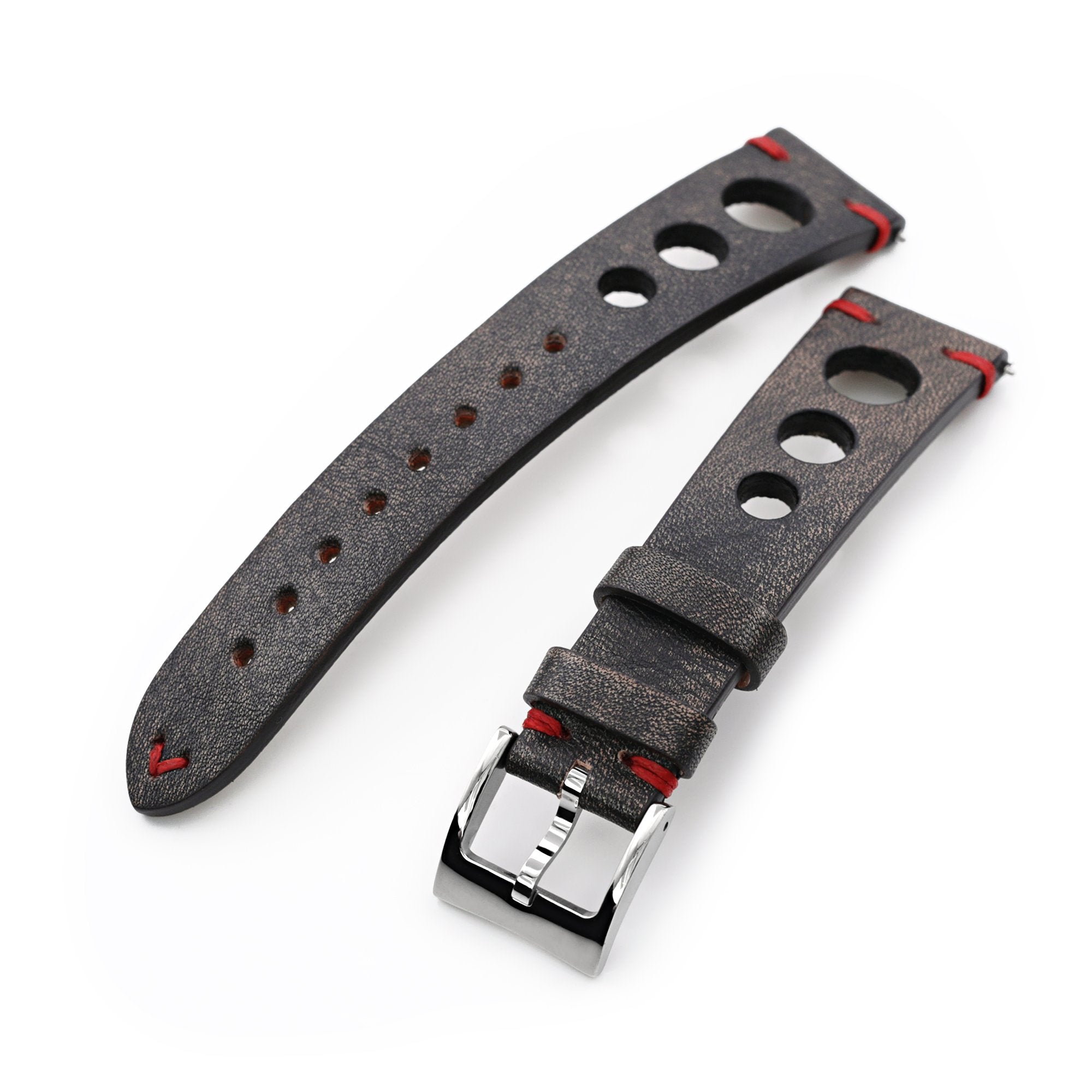 Q.R. 19mm or 20mm Blackish Brown Leather Italian Handmade Racer Watch Band, Red Stitch. Strapcode Watch Bands
