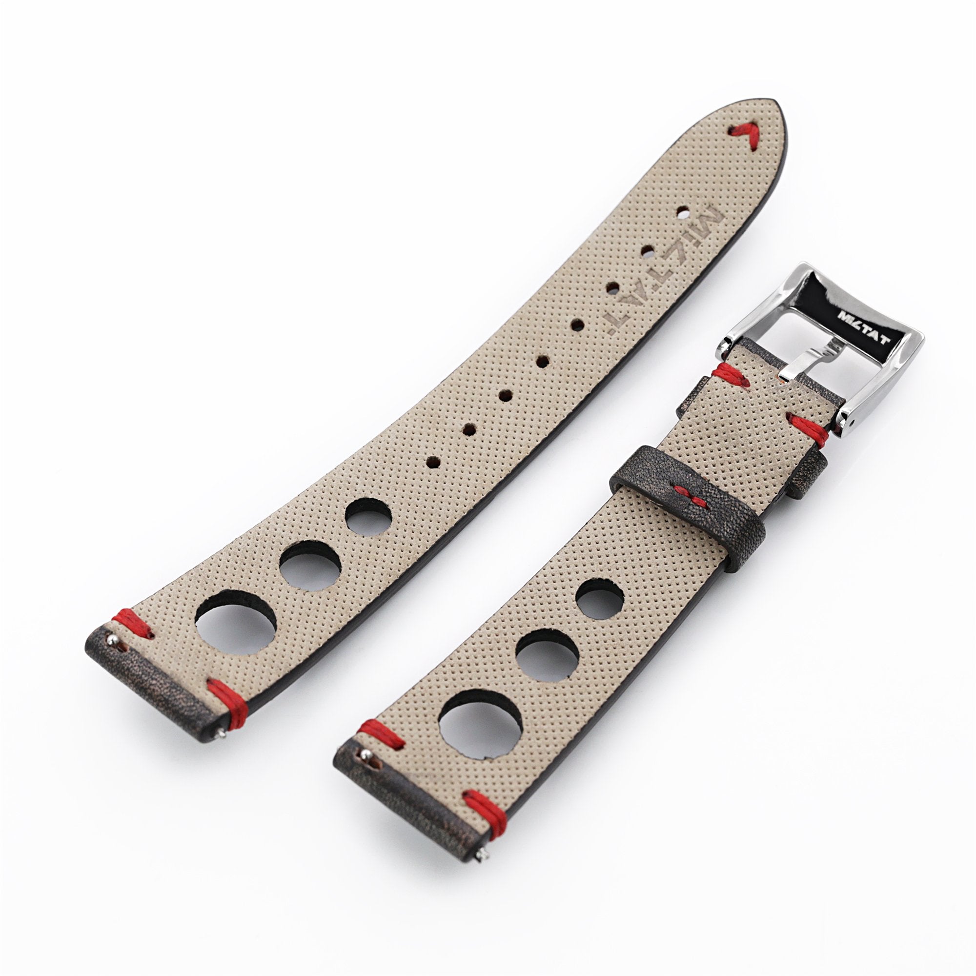 Q.R. 19mm or 20mm Blackish Brown Leather Italian Handmade Racer Watch Band, Red Stitch. Strapcode Watch Bands