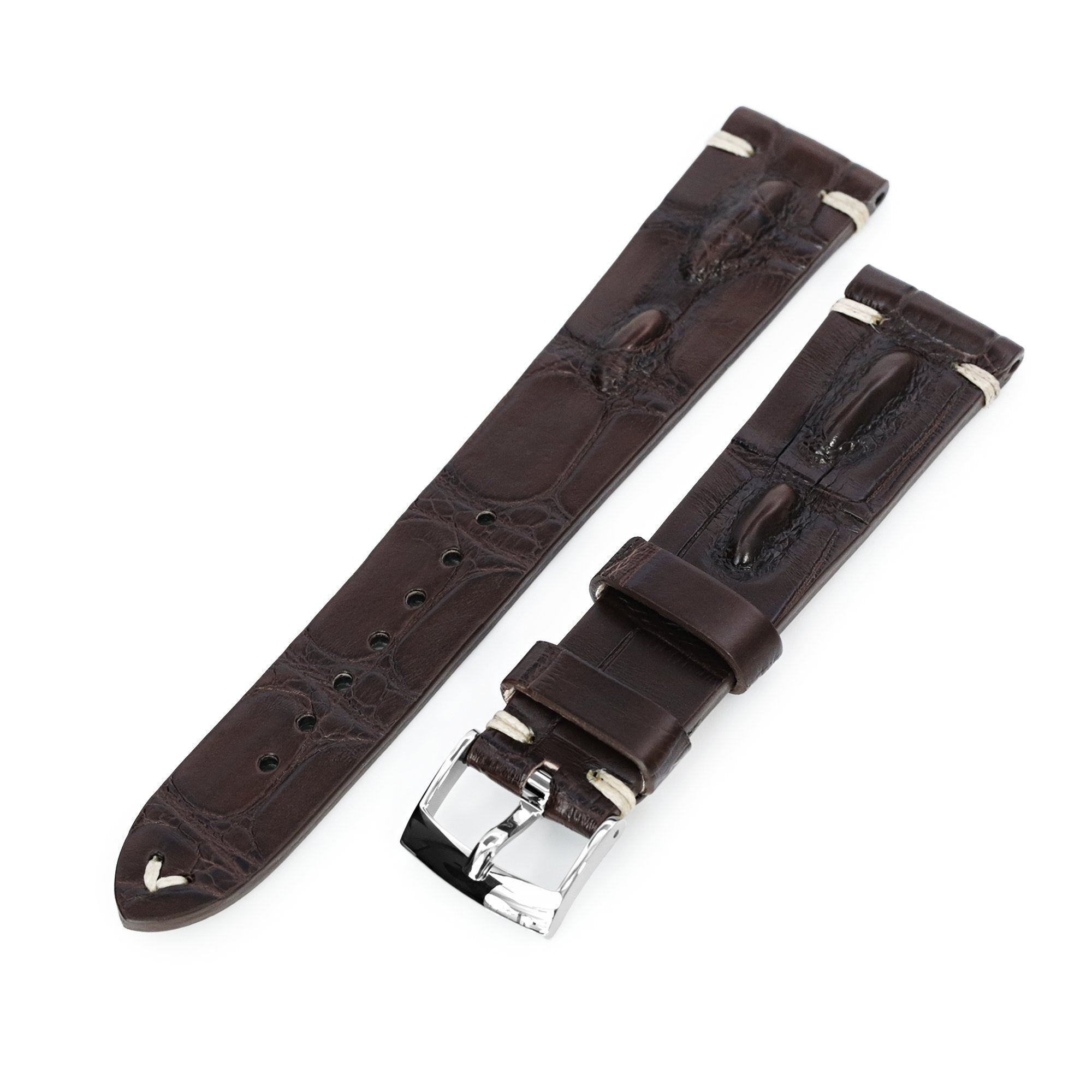20mm Dark Brown Italian Handmade Hornback Alligator Watch Band, Beige Stitching, P Buckle Strapcode Watch Bands