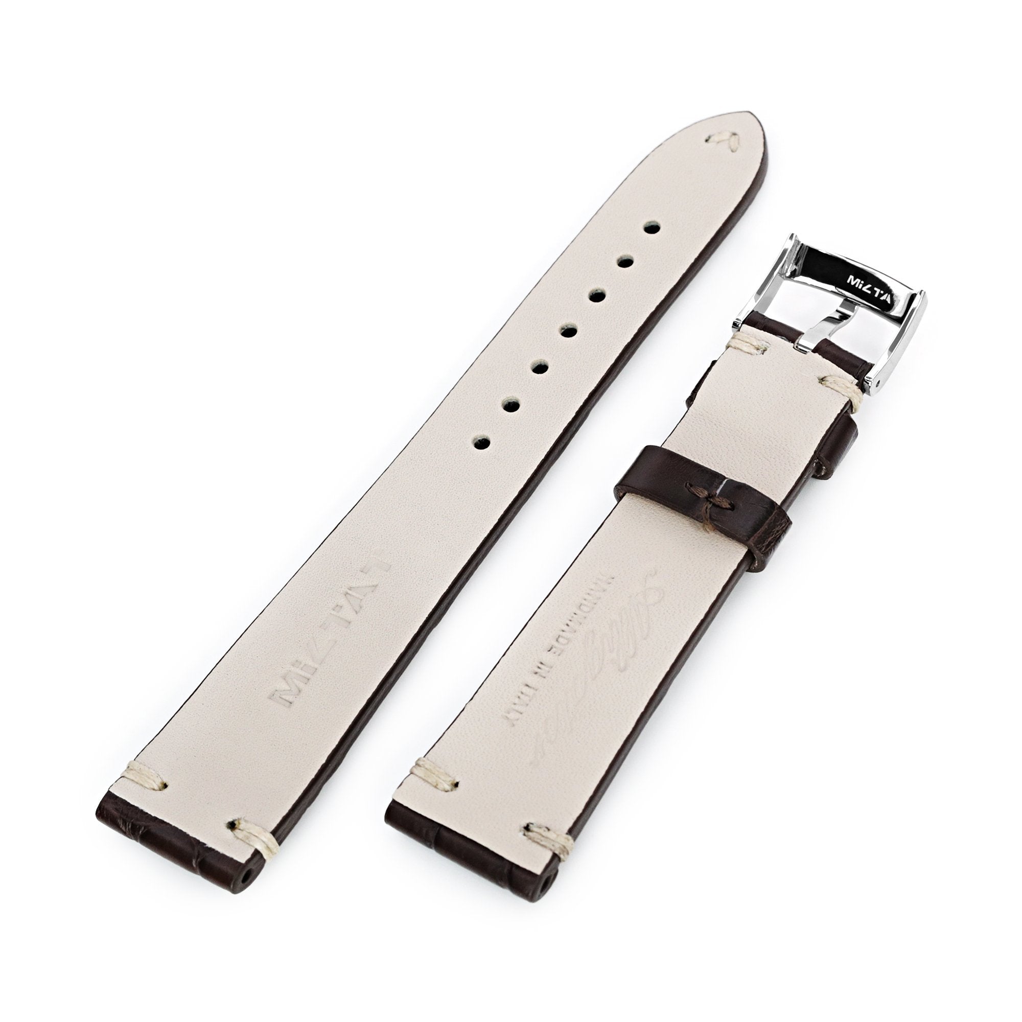 20mm Dark Brown Italian Handmade Hornback Alligator Watch Band, Beige Stitching, P Buckle Strapcode Watch Bands