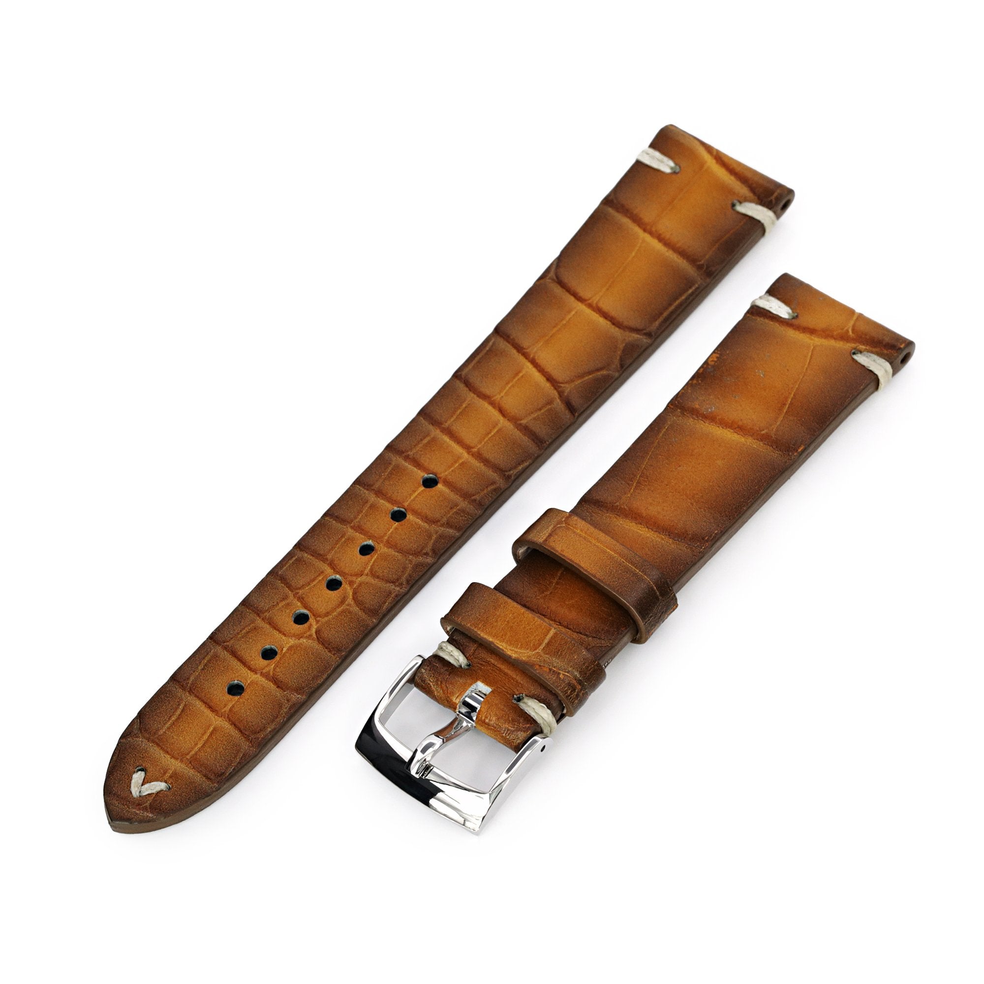 20mm Tan 2 Tone Italian Handmade Alligator Belly Watch Band, Beige Stitching, P Buckle Strapcode Watch Bands