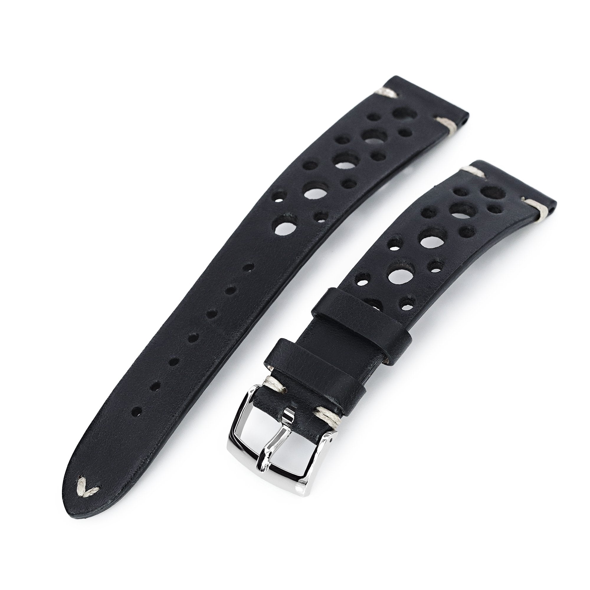 20mm Black Italian Handmade Racer Watch Band, Beige Stitching, P Buckle Strapcode Watch Bands