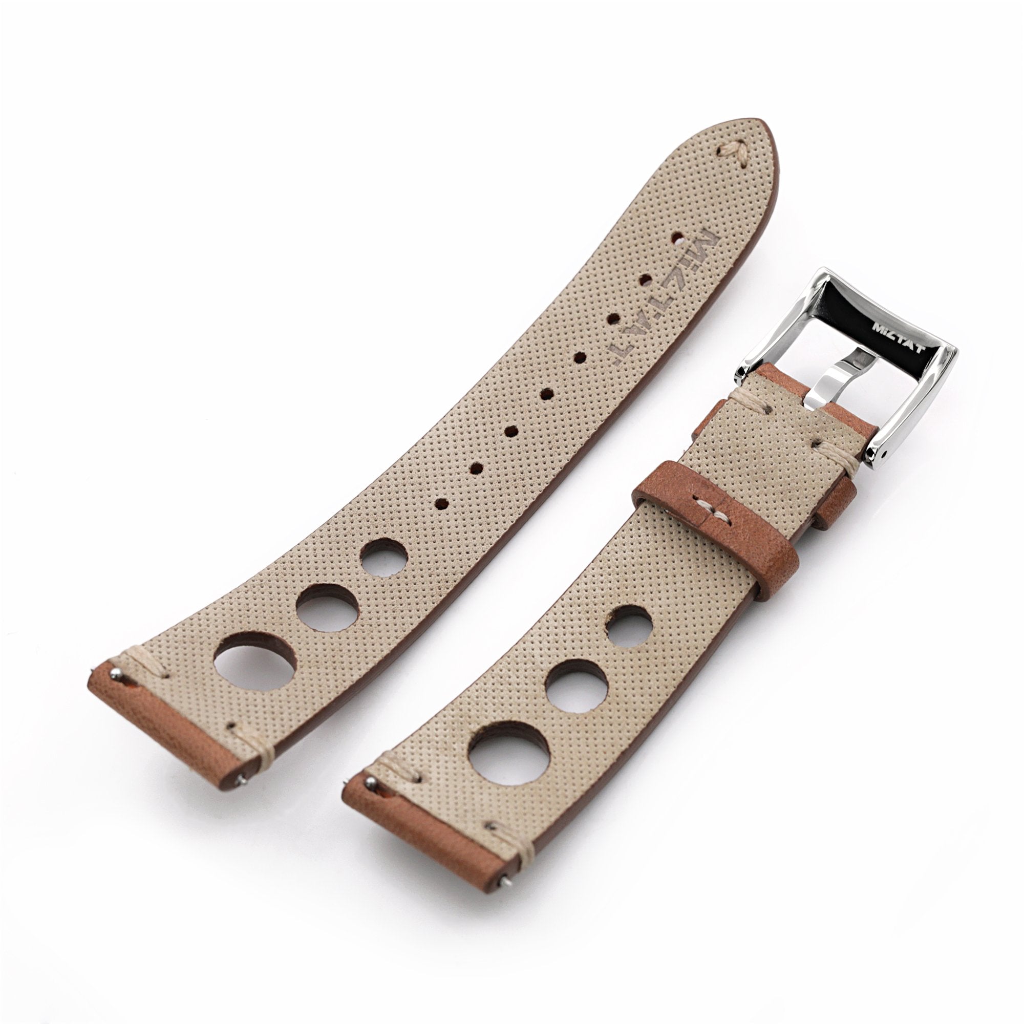 Q.R. 19mm or 20mm Brown Leather Italian Handmade Racer Watch Band, Beige Stitch. Strapcode Watch Bands