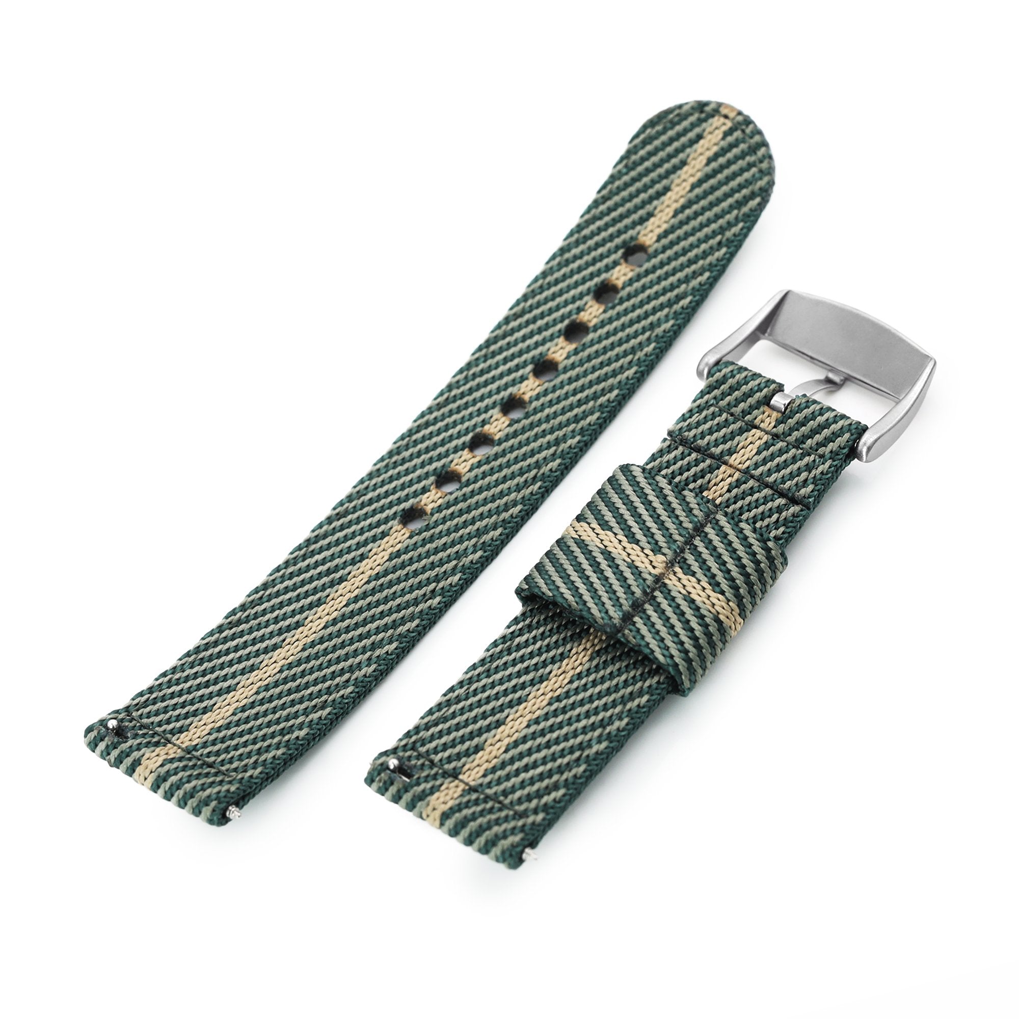 22mm 2-pcs Nylon Watch Band, Quick Release, Green & Khaki, Brushed Buckle Strapcode Watch Bands