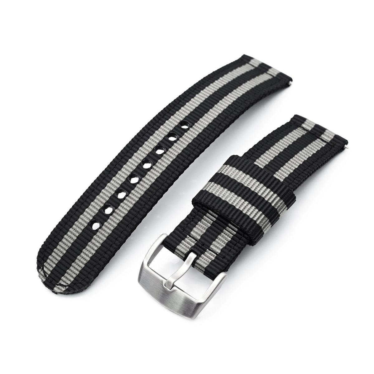 22mm 2-pcs Nylon Watch Band, Quick Release, Black &amp; Grey Stripes, Brushed Buckle Strapcode Watch Bands
