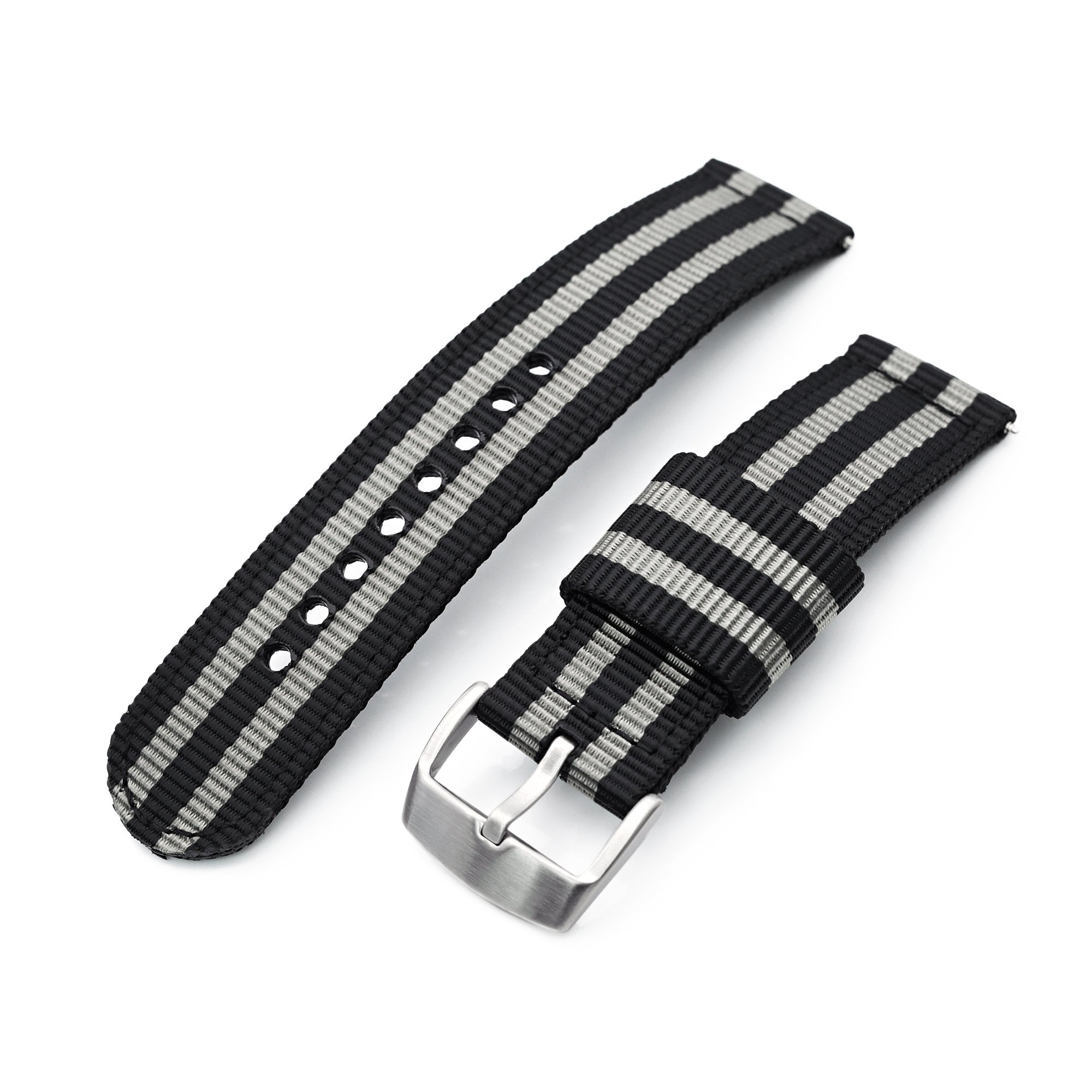 22mm 2-pcs Nylon Watch Band, Quick Release, Black & Grey Stripes, Brushed Buckle Strapcode Watch Bands