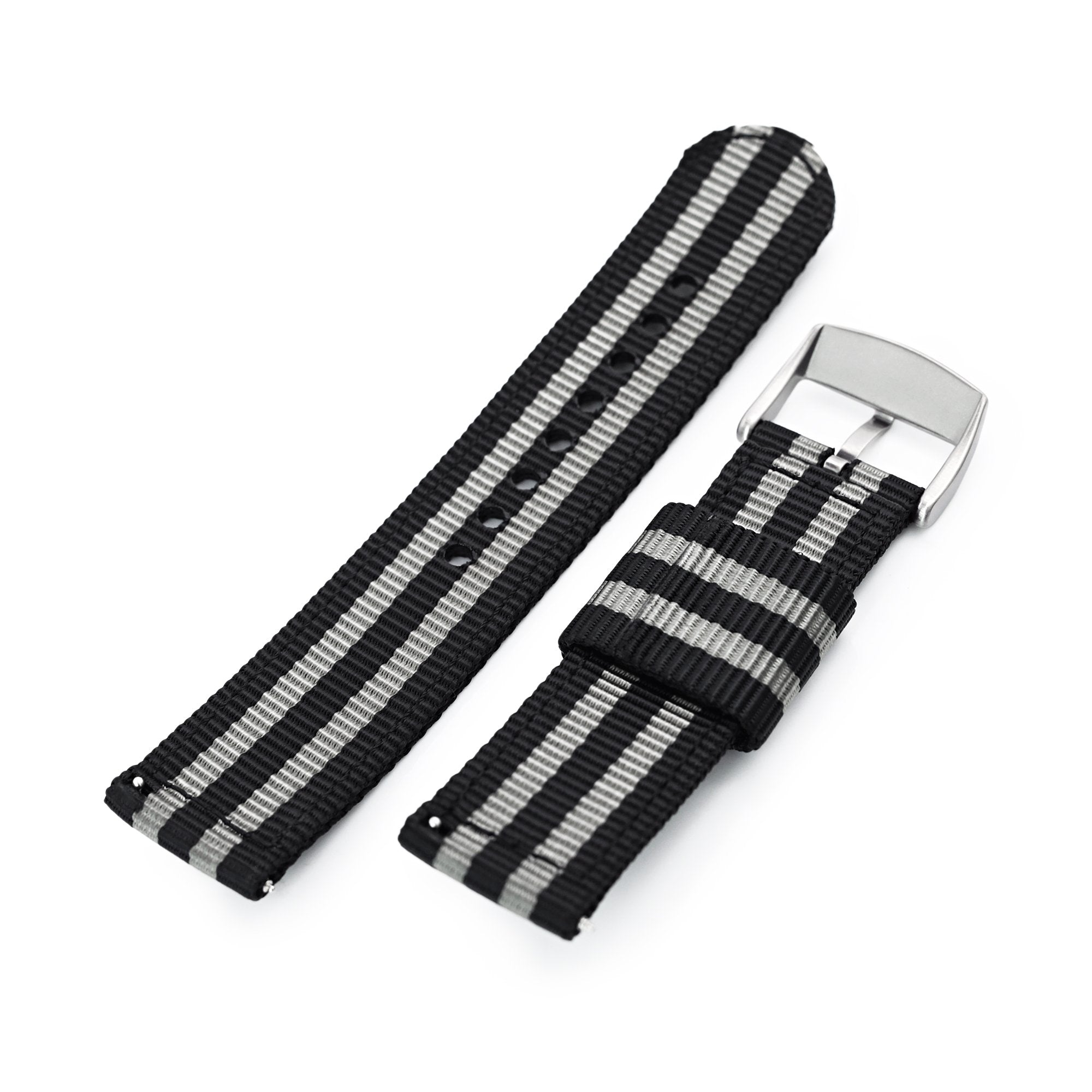 22mm 2-pcs Nylon Watch Band, Quick Release, Black & Grey Stripes, Brushed Buckle Strapcode Watch Bands