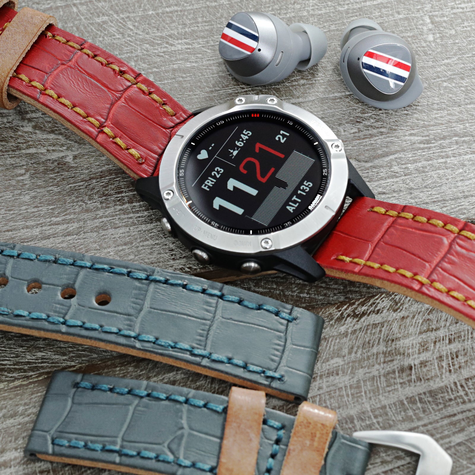 22mm MiLTAT Antipode Watch Strap Matte Red CrocoCalf in Tan Hand Stitches