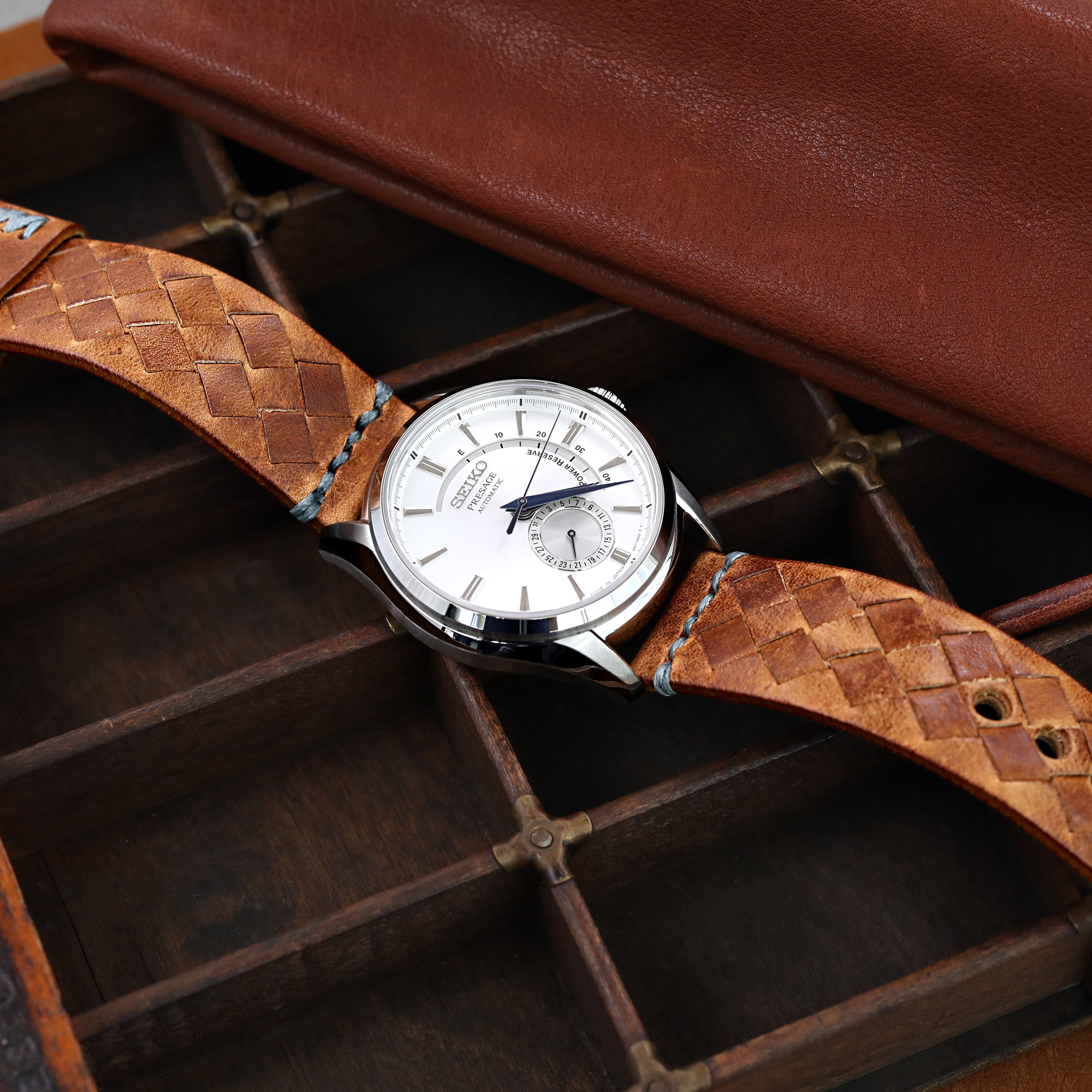 MiLTAT Zizz Collection 22mm Braided Calf Leather Watch Strap Tawny Brown Grey Stitches Strapcode Watch Bands