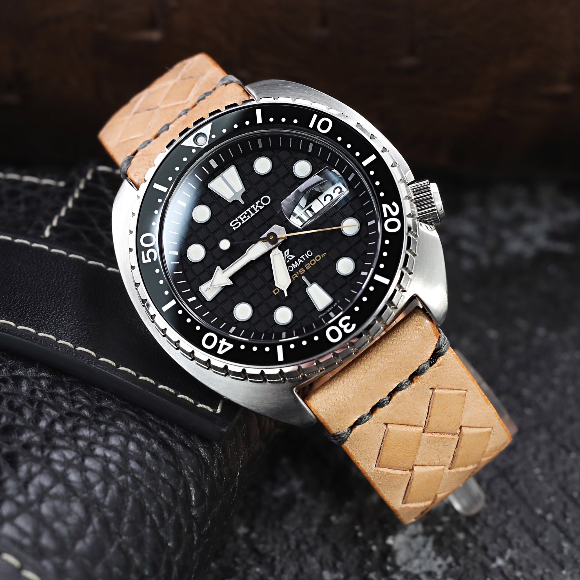 MiLTAT Zizz Collection 22mm Braided Calf Leather Watch Strap LV Beige Dark Grey Stitches Strapcode Watch Bands