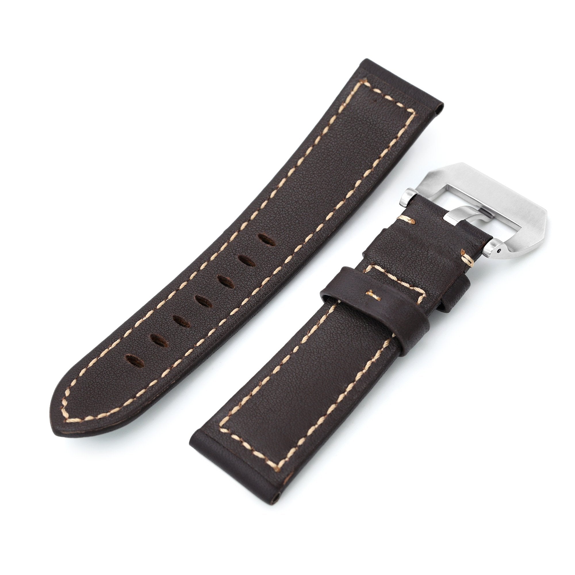 22mm Dark Brown Tapered Semi-matte Leather Watch Band, Brushed Buckle Strapcode Watch Bands