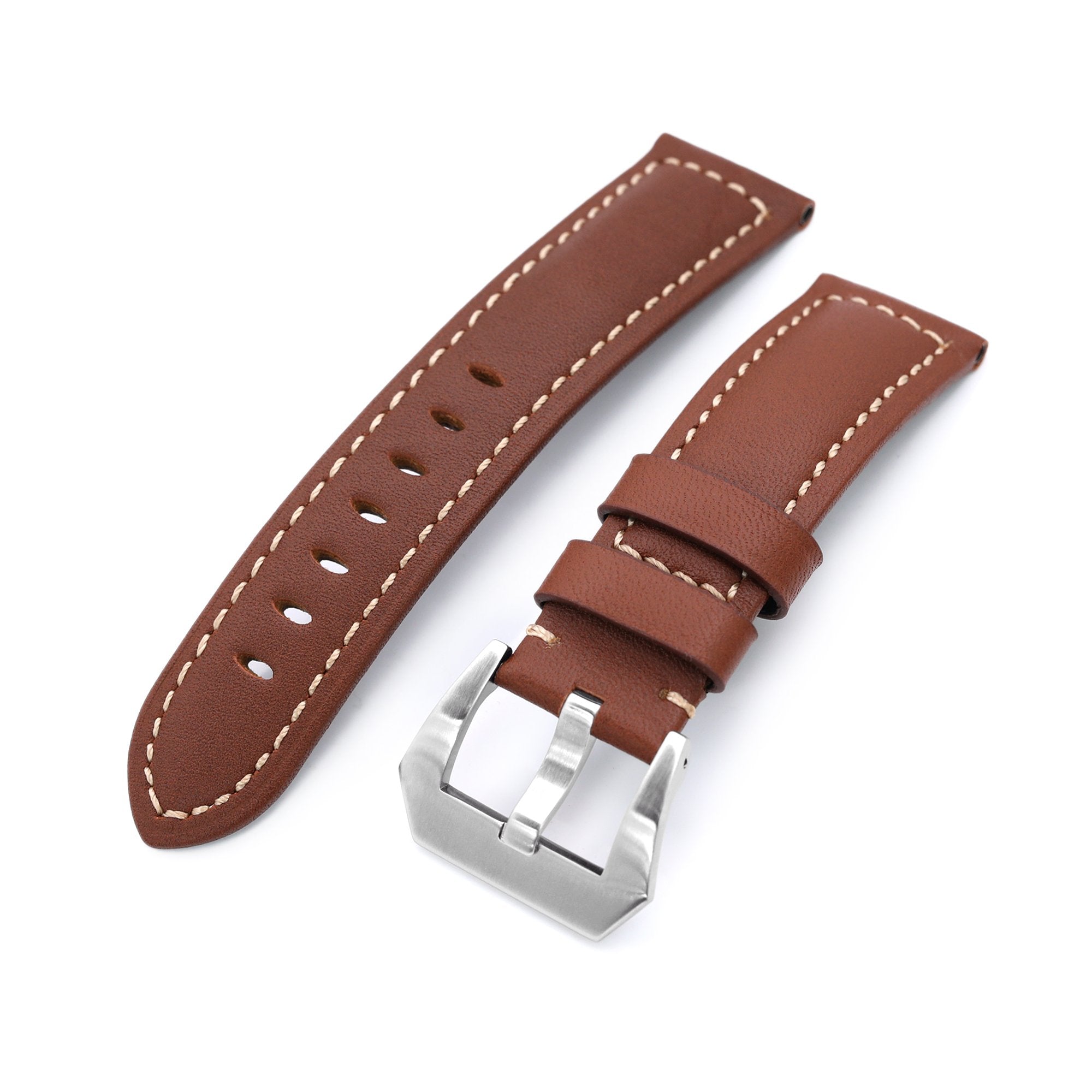 22mm Chestnut Brown Tapered Semi-matte Leather Watch Band, Brushed Buckle Strapcode Watch Bands