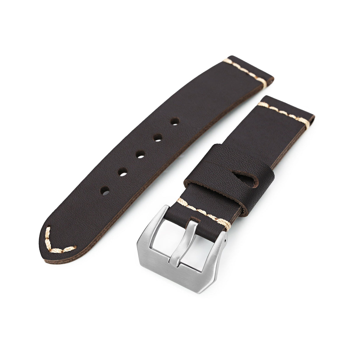 22mm Dark Brown Ammo Leather Watch Band, Brushed Buckle Strapcode Watch Bands