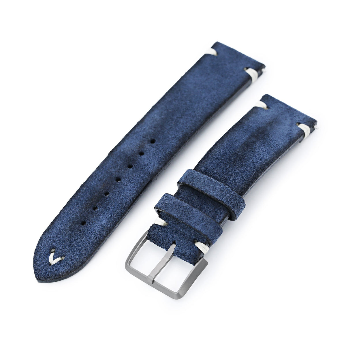 Navy Blue 19mm, 20mm, 21mm, 22mm MiLTAT Quick Release Nubuck Leather Watch Strap, Beige Stitching, Sandblasted Strapcode Watch Bands