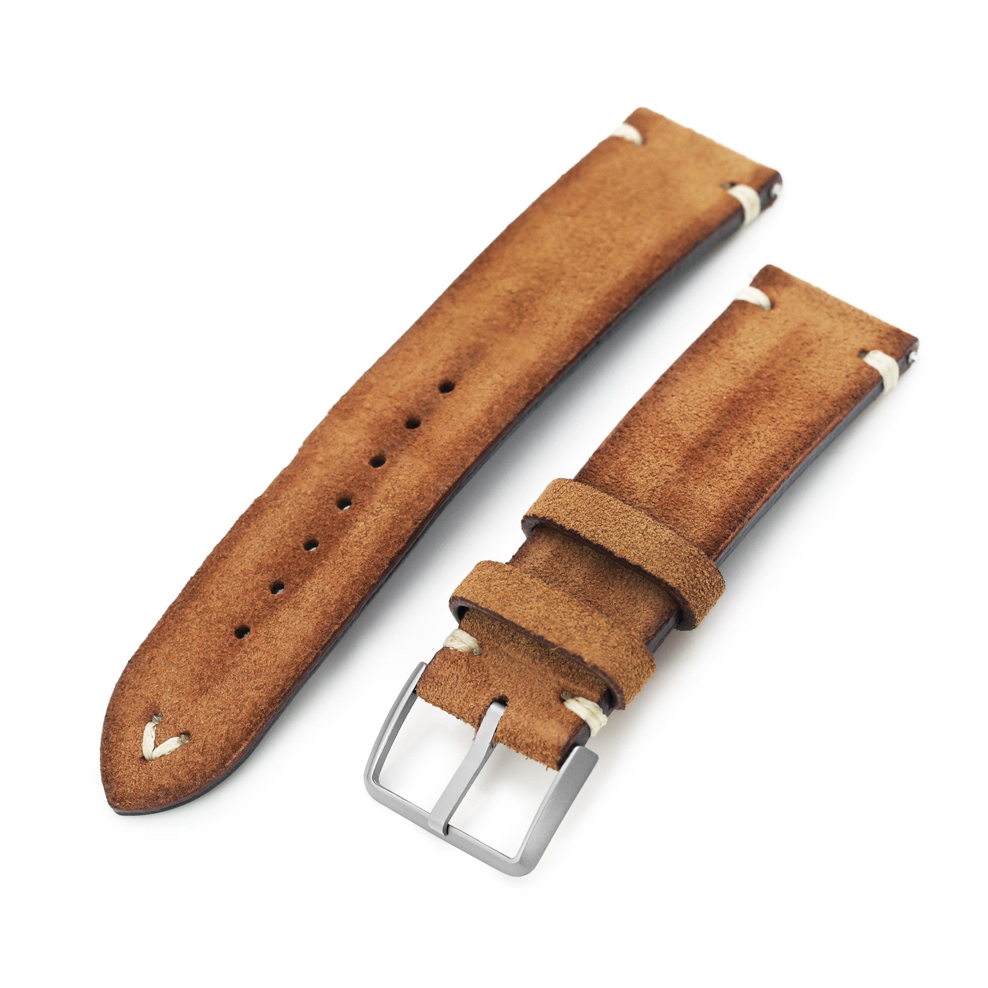 Camel Brown 19mm, 20mm, 21mm, 22mm MiLTAT Quick Release Nubuck Leather Watch Strap, Beige Stitching, Sandblasted Strapcode Watch Bands