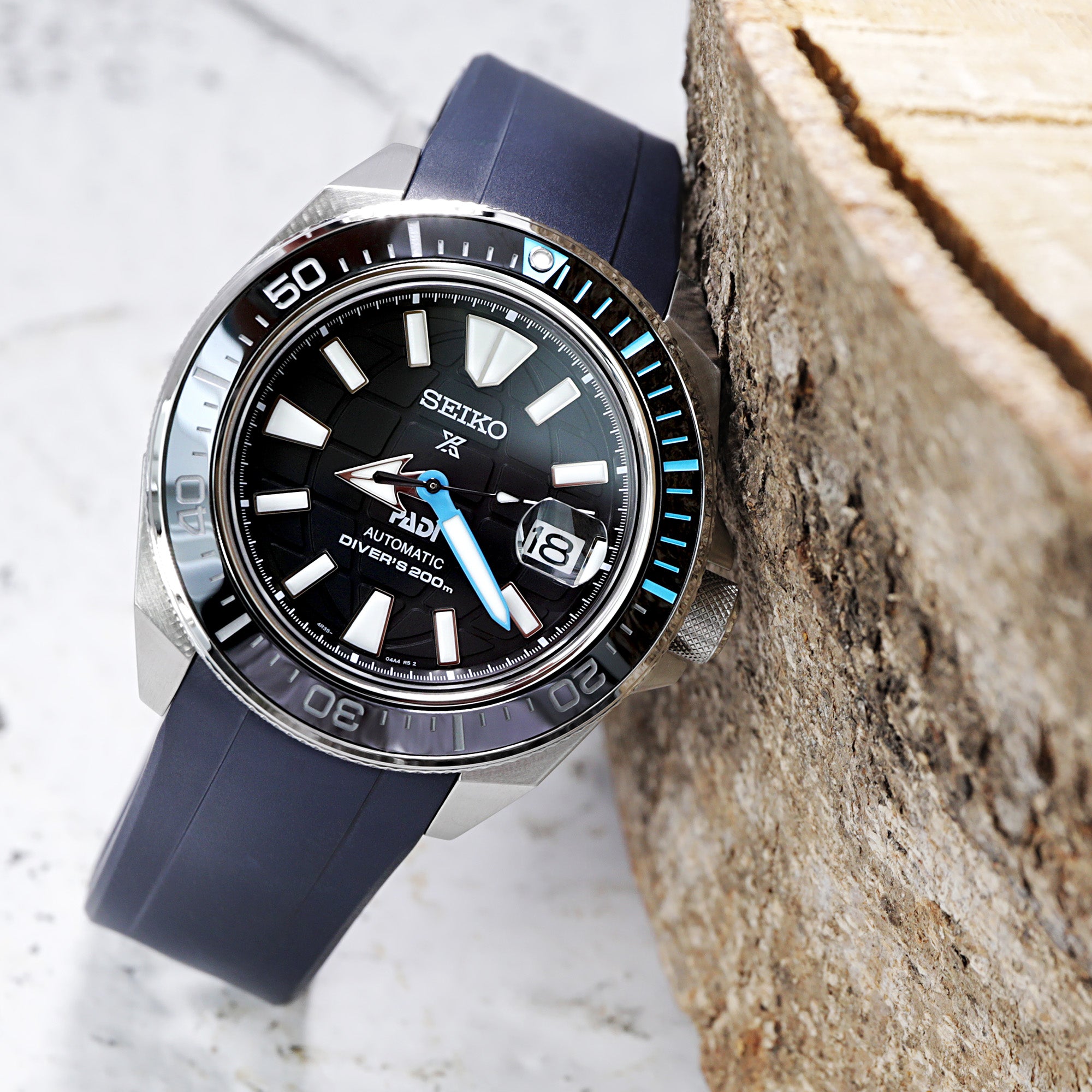 22mm Crafter Blue - Dark Blue Rubber Curved Lug Watch Strap compatible with Seiko Samurai SRPB51 & King Samruai