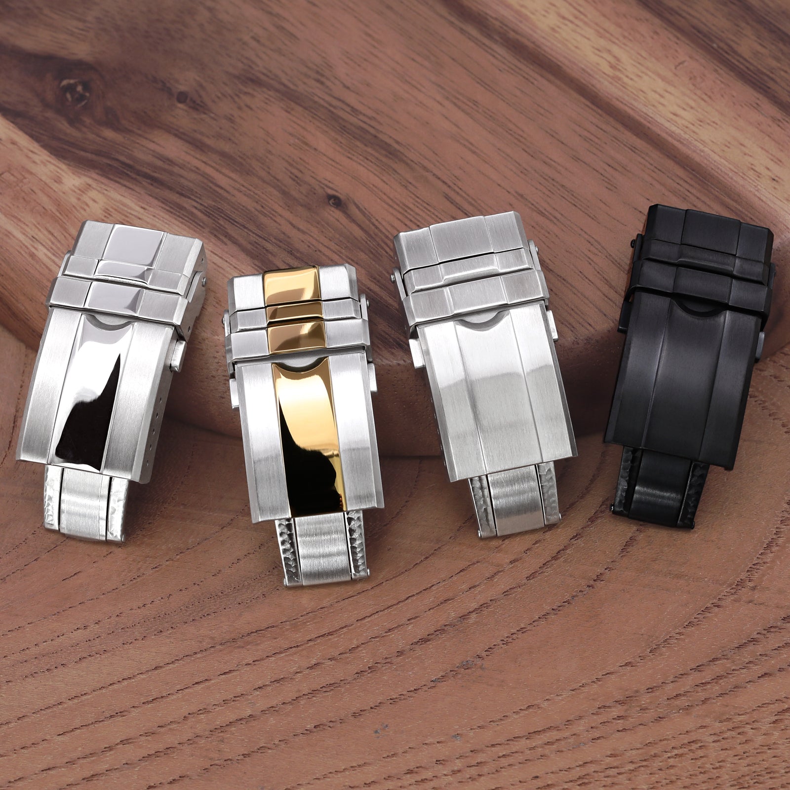 مشبك مزدوج من الفولاذ المقاوم للصدأ 316L الصلب بقياسات 16مم، 18مم أو 20مم، قفل دوار بتحكم زر، تشطيب مصقول مع وسط ذهبي IP